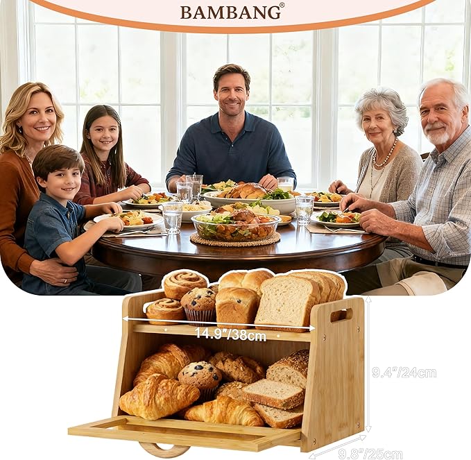 BAMBANG Extra Large Bread Box, Bread Box for Homemade Bread, Bamboo Wooden Bread Storage Container with Tool Holder & Handles & Window, Assembly Required(14.9" x 9.8" x 9.4") Natural