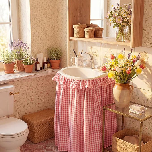 Pink Ruffle Gingham Sink Skirt Self-Adhesive Bathroom Stitch Self Stick Adhesive Fabric Under Sink Curtain Skirt 55'' x 32'' for Bathroom Kitchen Laundry Utility Room Decor
