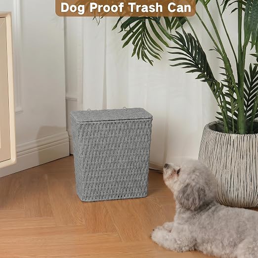 iEGrow Paper Rope Trash Can,Bathroom Trash Can with Lid, 3 Gallon Wicker Waste Basket with Removable Liner, for Bedroom, Living Room, Toilet, Under Sink Gray