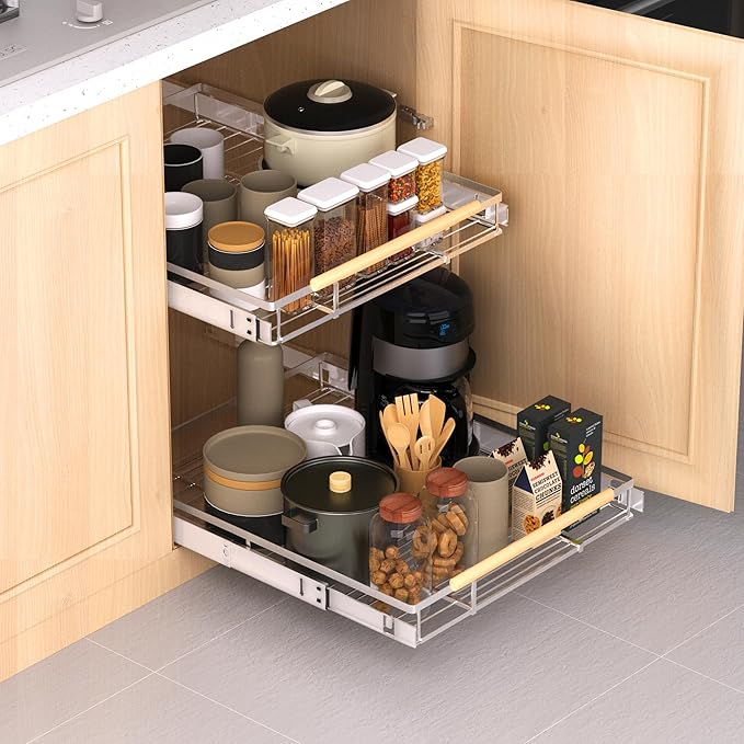 Expandable Pull Out Drawer Cabinet Organizer, Adjustable Width Bottom-Mounted Slide Out Storage Shelves for Cabinets, Required Cabinet Size (14.86"~25.86", D≥22.5"), 2 Pack