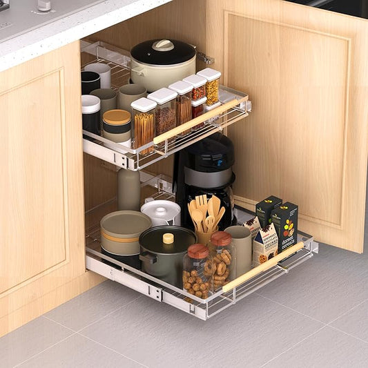 Expandable Pull Out Drawer Cabinet Organizer, Adjustable Width Bottom-Mounted Slide Out Storage Shelves for Cabinets, Required Cabinet Size (W: 20.86"~37.86", D≥22.5"), 1 Pack
