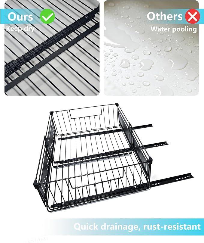KimHong 2 Pack Pull Out Cabinet Organizer, Expandable Drawer Organizer with Adjustable Width 12.4"-19.5", Adhesive No Drill Under Cabinet Shelves for Home Kitchen Pantry with Silent Slides