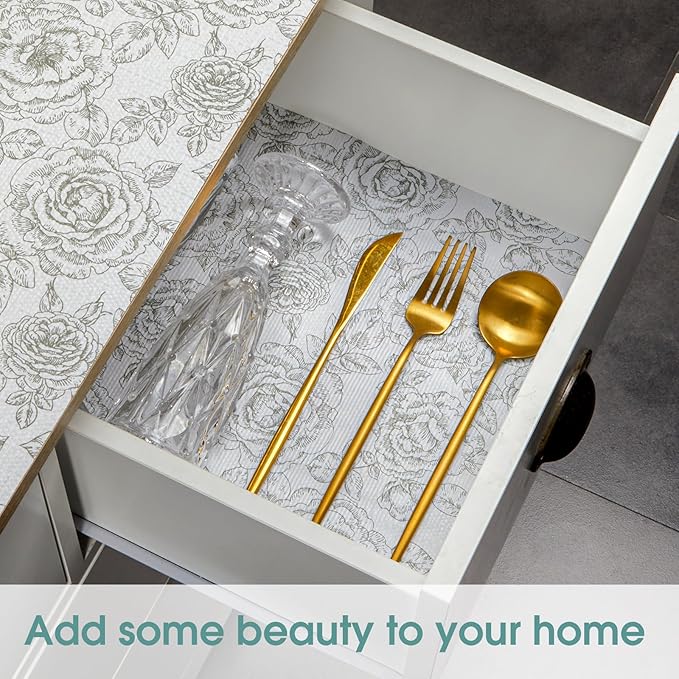 Drawer and Shelf Liner, Non-Slip Kitchen Cabinet Liners Non-Adhesive Thick Strong Grip Waterproof Washable Mats Protect Dresser Shelves Cupboard Bathroom Cabinets, Rose, 18 in X 20 FT
