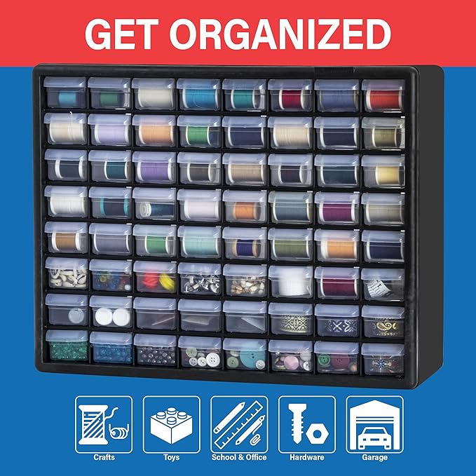 Akro-Mils 64-Drawer Plastic Drawer Storage Cabinet for Garage Organization, Bead Organizer, Building Bricks Storage, Teacher Toolbox, Makeup Organizer, 20" W x 6" D x 16" H, 10164 Black