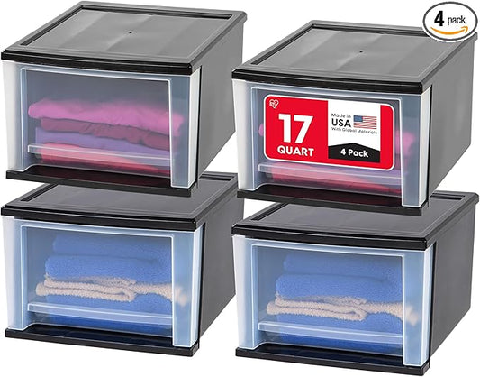 IRIS USA 17 Qt. Medium Plastic Stacking Drawer, Stackable Storage Organizer Unit with Sliding Drawer for Bedroom Kitchen Under Sink Pantry Craft Room Dorm Office, Black, 4-Pack