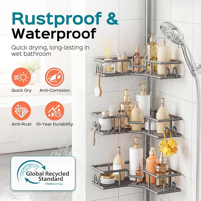 HAMITOR Adjustable 4-Tier Bathroom Storage: Corner Rustproof Shower Caddy Tension Pole - Floor-to-Ceiling Space-Saving Organizer - No Drill Tension Mounted Home Accessory Rack for Renters 47-123 Inch