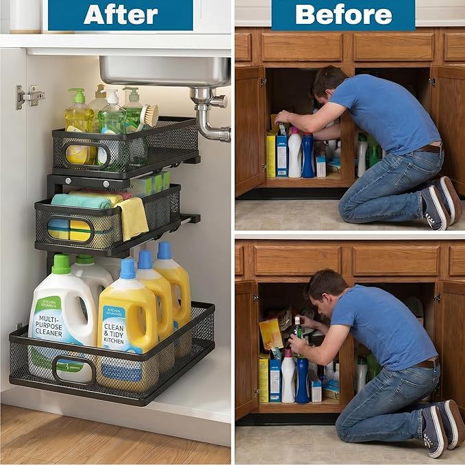 Under Kitchen Sink Organizer,3-Tier Black Metal Pull Out Cabinet Organizers, Slide Out Under Sink Storage Drawers, Under Sink Organizer Bathroom Counter Shelf, Pantry Organization and Storage （2 Pack）
