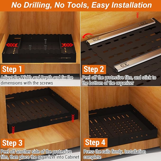 Pull Out Cabinet Organizer, Expandable Width (12"-18") Depth (13"-23") with 3-Slide Rails, No Drill Adhesive Pull Out Drawers for Kitchen and Pantry Cabinets, for Both Lip and Lip-Free Cabinets,Black