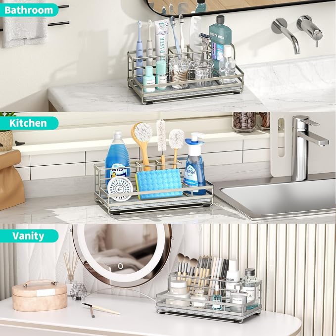 HapiRm Toothbrush Holders for Bathroom - 5 Partitions Bathroom Counter Organizer with Instant Drying Stone, Stainless Steel Countertop Storage Electric Toothbrush Toothpaste Holder - Brushed Nickel