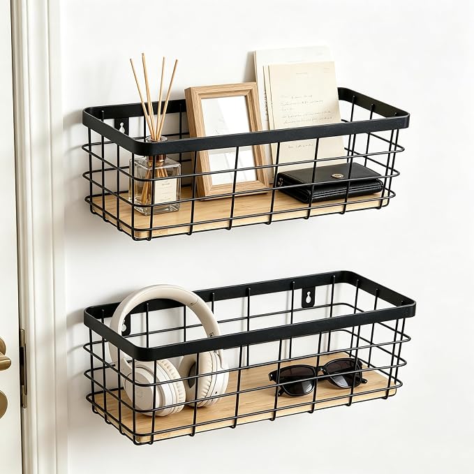 ShabbyDecor Metal Wire Basket Detachable Wood Base Storage Organizer Farmhouse Hanging Basket for Kitchen Cabinets, Bathroom, Pantry, Laundry Room Set of 2,Black Color