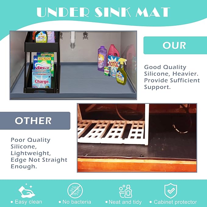 URMONA Waterproof Silicone Under Sink Mat 37'' x 22'' Shelf Liner for Kitchen and Bathroom, Cabinet and Counter Protector, Storage and Organizers, Litter Mat, Pet Cat Puppy Essentials(Beige)