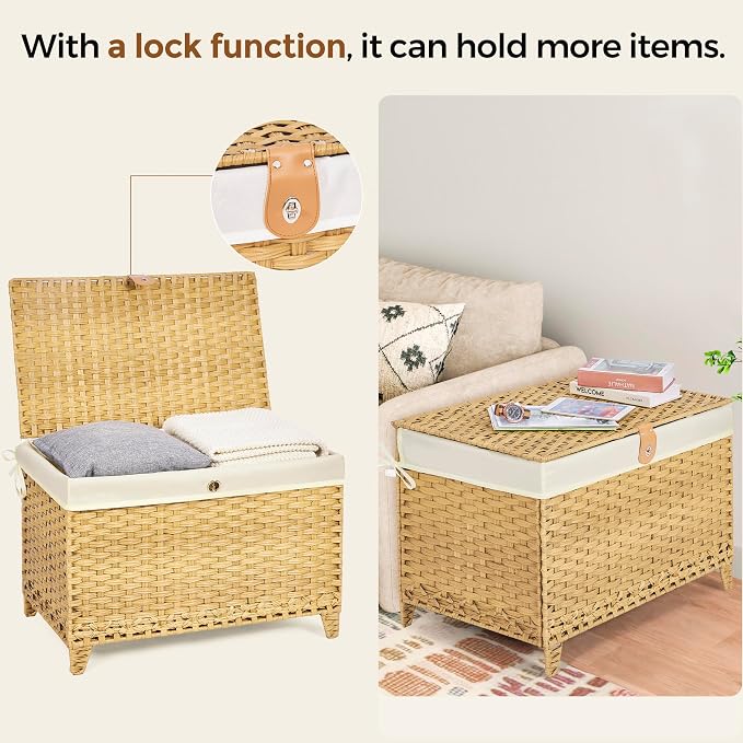 Honjourai Wicker Storage Basket with Lid,Rattan Shelf Basket with Removable Liner Bag,200L Storage Bin,Storage Trunk with Heightened Feet,Storage Container for Wardrobe,Home Organizer