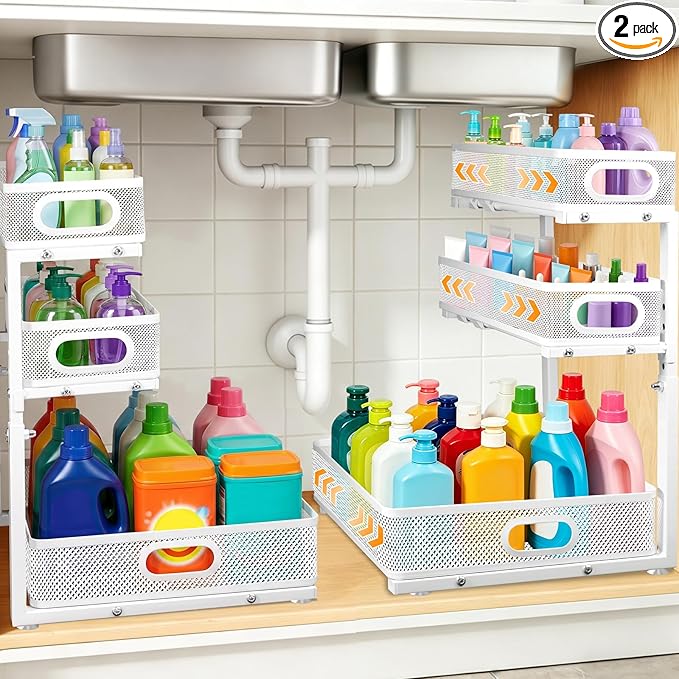 Under Sink Organizer for Bathroom, 3 Tier Adjustable Height Under Sink Storage, Sliding Pull Out Cabinet Organizer Shelf, Metal Multi-Purpose Cabinet Organizer for Kitchen (2 Pack, White)