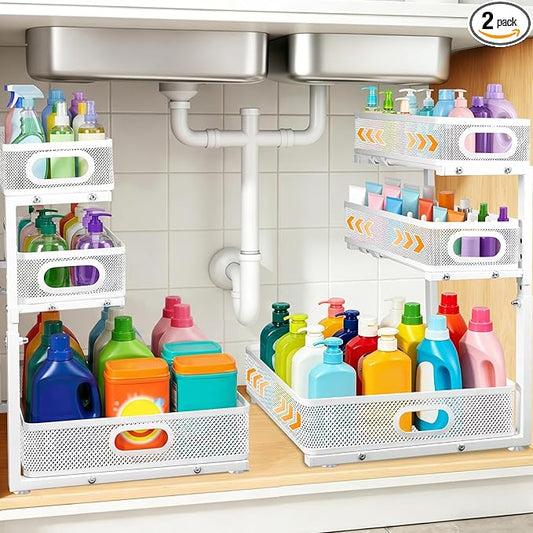 Under Sink Organizer for Bathroom, 3 Tier Adjustable Height Under Sink Storage, Sliding Pull Out Cabinet Organizer Shelf, Metal Multi-Purpose Cabinet Organizer for Kitchen (2 Pack, White)