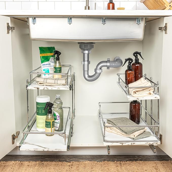 Household Essentials Chrome Steel and Faux Marble 2-Tier Undersink Organizer