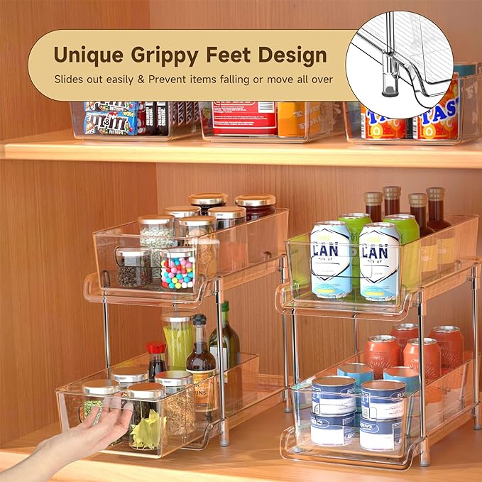 HIHEGD 2 Tier Bathroom Storage With Dividers, Clear Under Sink Pull Out Organizer for Kitchen Pantry, Medicine Cabinet