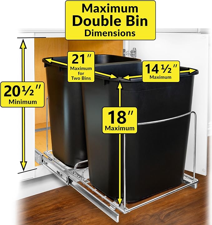 LYNK PROFESSIONAL® Double Pull Out Under Cabinet - Under Sink Slider - Slide Out Drawer - Sliding Pull Out for Kitchen Garbage Bin