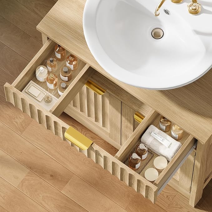TEENFON Pedestal Sink Storage Cabinet with 2 Doors and Drawer, Bathroom Sink Cabinet with U-Shape Cut-Out, Fluted Pedestal Sink Cabinet, Natural Oak