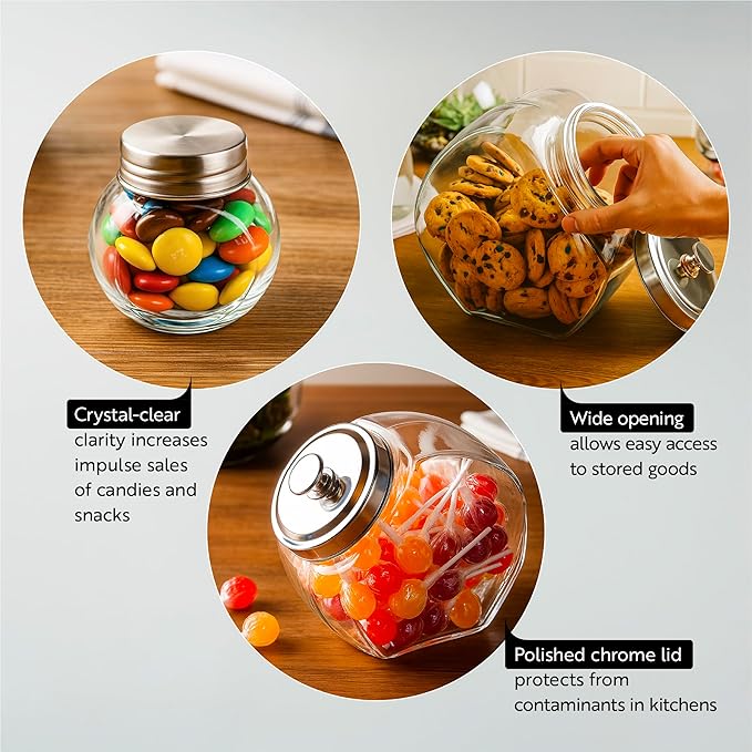 Restaurantware Vetri 2 Ounce Mini Favor Jars, 10 Durable Candy Jars - With Wide Spout, Chrome Lid, Clear Glass Candy Jars, Dishwashable