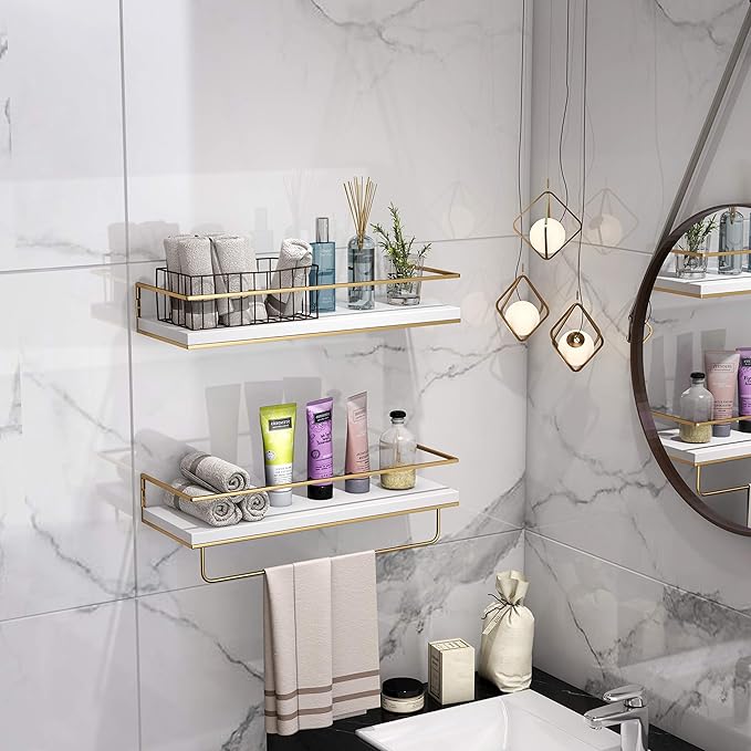 Shario White Floating Shelves - Set of 2, Wall Mounted Hanging Shelves with Golden Towel Rack, Decorative Storage Shelves for Bathroom, Kitchen, Living Room & Bedroom (White Gold, 15.7 Inches) | Hanging Shelves