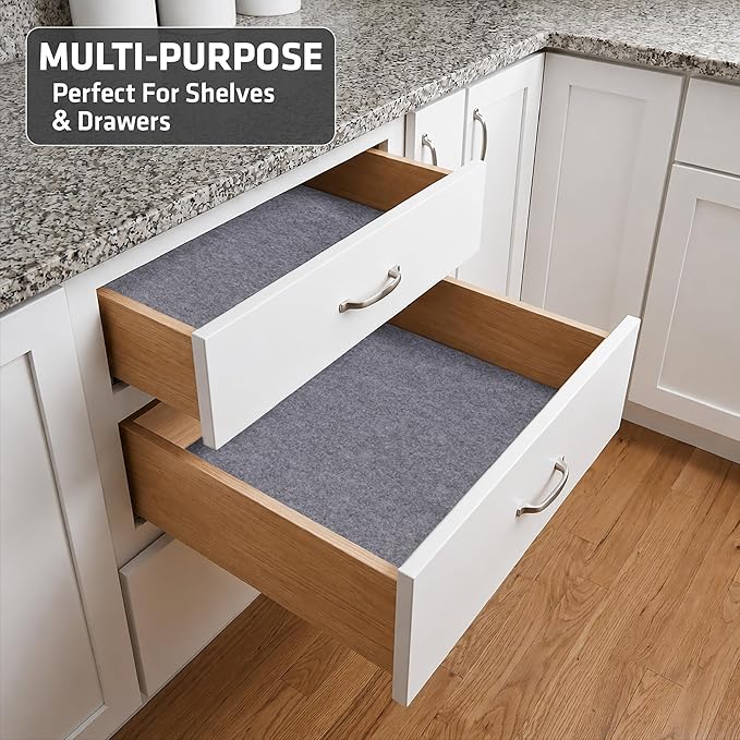 Drymate Premium Luxury Shelf & Drawer Liner, Thick Cushioned Fabric, Non-Adhesive, Absorbent, Waterproof, Slip-Resistant, Liners for Kitchen Cabinets, Cupboards (USA Made)(12”x59”)(2-Pack)(Light Grey)