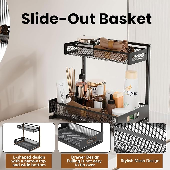 ONEUPIN Under Sink Organizer, 2 Tier Pull Out Cabinet Baskets, 1 Pcs Black | Multi-Purpose, Adjustable Height Design, Slide Out Storage Shelf, For Kitchen and Bathroom