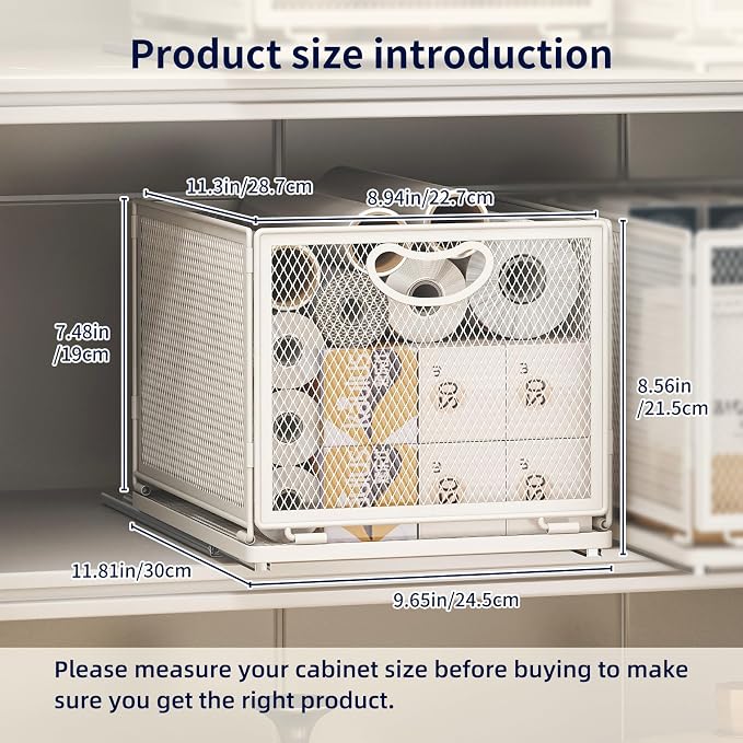 Pull Out Cabinet Organizer, No Drill Adhesive Sliding Drawers for Kitchen, Metal Mesh Wire Storage Shelf for Pantry & Under Sink, White (9.6" W x 11.8" D x 8.4" H)