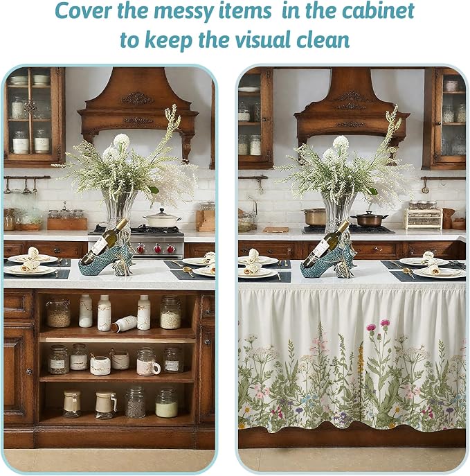 MUGINYU Cabinet Curtains 28" W x 51" L Sink Skirt for Bathroom,Floral Botanical Flower Short Curtains for Kitchen &Classroom,Boho Spring Colorful Leaves Closet Dishwasher Curtain with Velcro