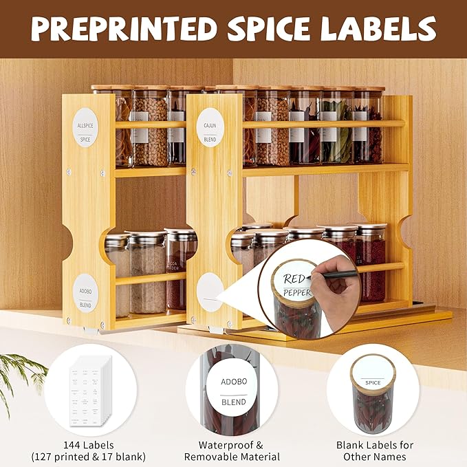 Jolitac Bamboo Pull Out Spice Rack for Cabinet, Slide Out Drawers, Space-Saving Seasoning Kitchen Pantry Sliding Vertical Organization, Easy to Install, 9.1" Wide, 3 Drawers(1.85" Wide), 2-Tier
