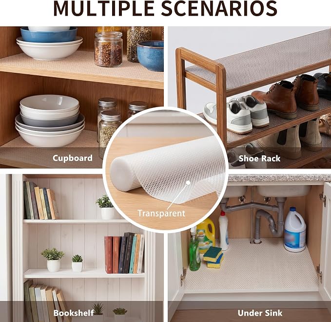 PABUSIOR Large Cabinet Liner for Shelves: 100% EVA Clear Kitchen Shelf Liner 19 Inch Wide x 300" - Non-Adhesive Non Slip Waterproof Bathroom Cupboard Drawer Mat for Under Sink
