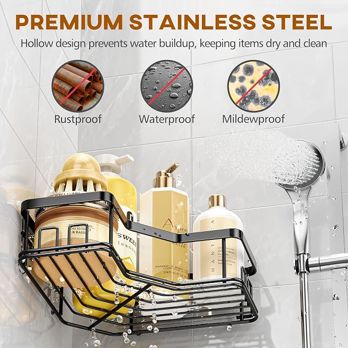 MAXIFFE 3 Pack Corner Shower Caddy with Soap Holder, Large Capacity Sturdy Easy Install No Drilling Stainless Steel Hold 40 LBS Shower Organizer Shelves Rack Storage for Family Renters Bathroom, Black