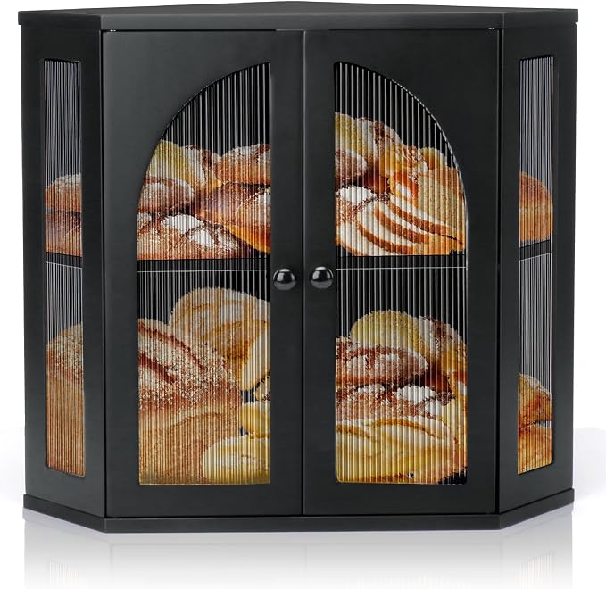 Corner Bread Box for Kitchen Countertop, Double Layer Bamboo Bread Storage Container for Homemade Bread, Large Capacity Bread Holder with 3 Adjustable Height for Counter, Breadbox Organizer