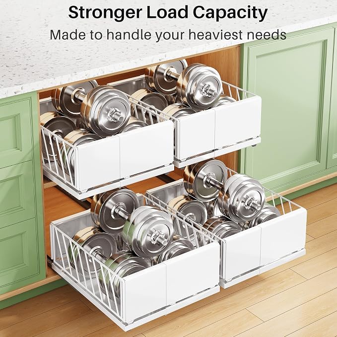Pull out Cabinet Organizer, 1-Pack Expandable Width(9.8"-13.8") Heavy Duty Slide out Drawers with Raising Pad for Framed Cabinets, Adhesive Roll Out Shelves for Pantry, Kitchen,Bathroom Storage(White)