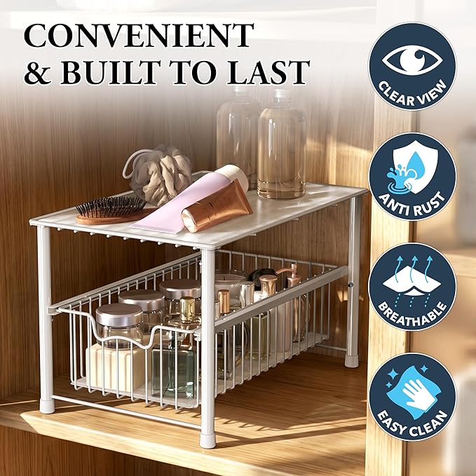 Simple Houseware Stackable Under Sink Cabinet Sliding Basket Organizer Drawer, White