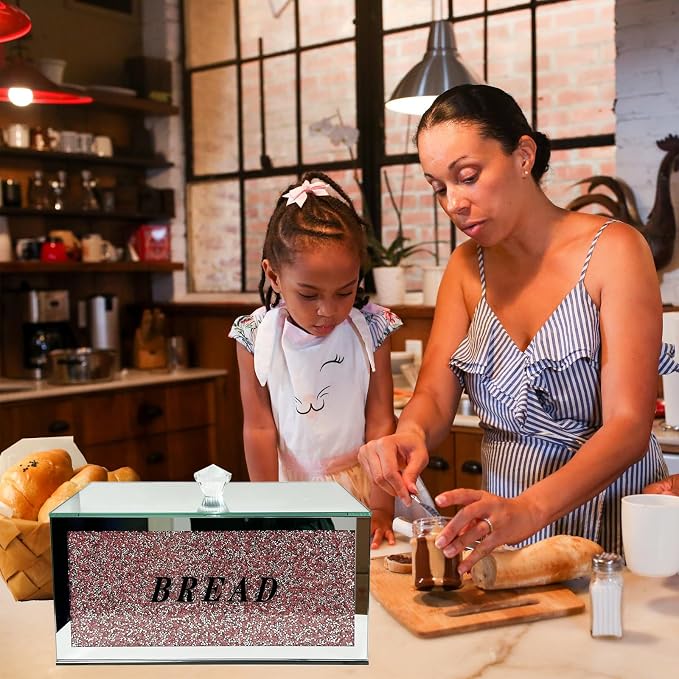 Large Crystal Glass Bread Container Box with Lid, 12.2" L x 6.3" W x 7.9" H Homemade Bread Storage, Crushed Diamond Home Decor, Keep Bread Fresh Clean, Bread Bin for Kitchen Countertop (Pink)