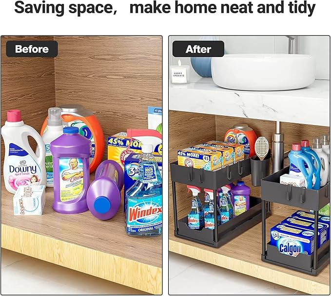 HEMOVIA Under Sink Organizer,Sliding Under Bathroom Automobiles Cabinet Storage Drawer Organizer Hanging Cup,Dividers,Handles,Multi-Purpose Under Sink Shelf...