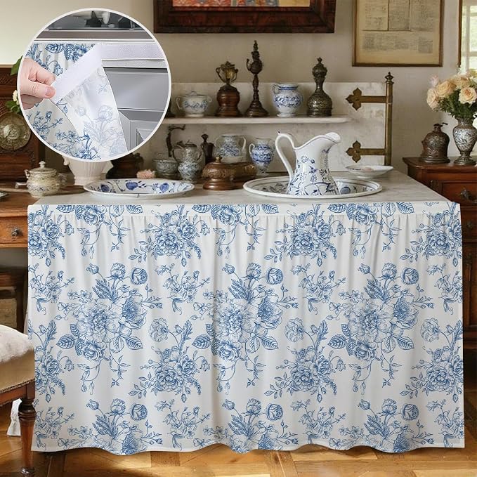 MUGINYU Blue Vintage Floral Short Curtains for Kitchen &Classroom,28" W x 51" L Sink Skirt for Bathroom Cabinet Curtains,Farmhouse Cottage Core Closet Dishwasher Curtain with Velcro