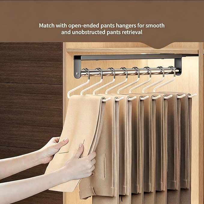 Pull Out Closet Rod, No Drill Pull Out Trouser Hanger, Telescopic Sliding Track Wardrobe Clothing Rail Closet Organizer Rack Pants and Coat Size 17.7x1.49x3 Inch