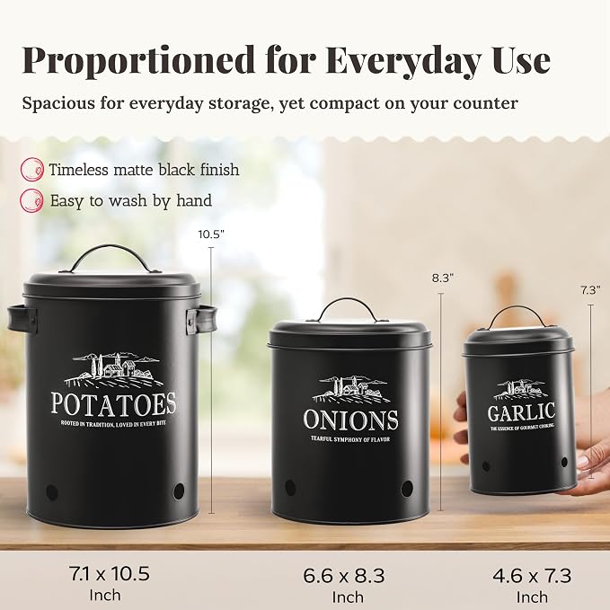 noonberry Potato and Onion Storage Bin Set – 3-Piece Ventilated Potato Storage Bin, Onion Storage Container and Garlic Container – Matte Black Finish