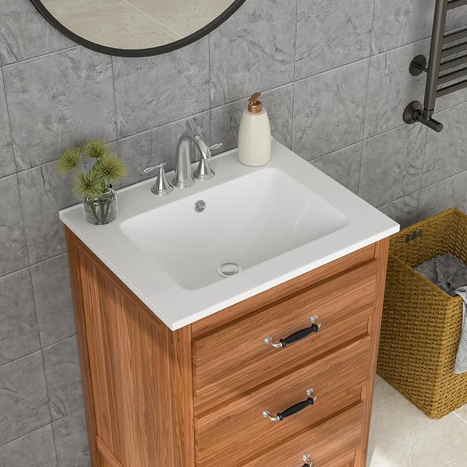Lordear White Bathroom Sink 3 Holes Drop In 24 X 20 Inch Three Holes Porcelain Ceramic Bathroom Vanity Top Sink Basin 24"