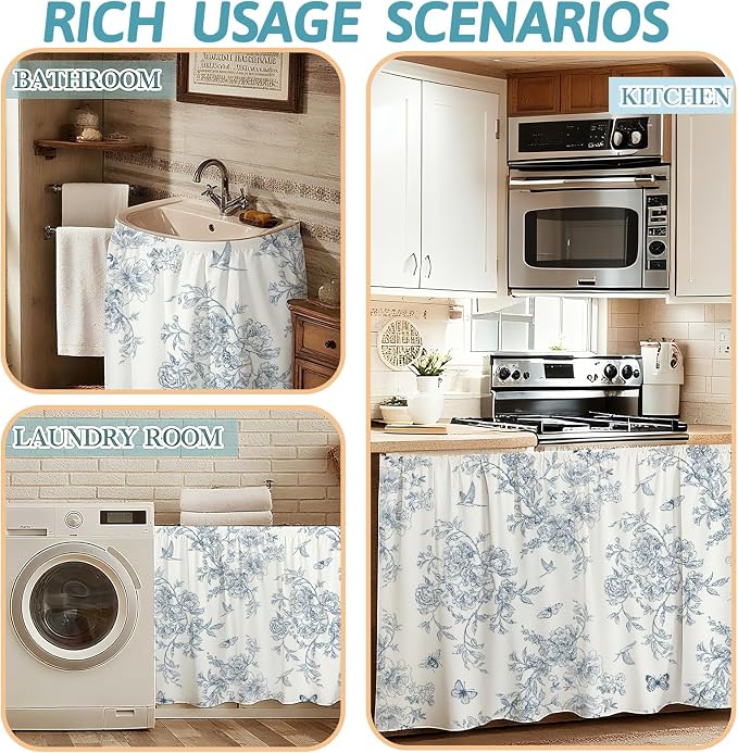 MUGINYU Cabinet Curtains 28" W x 51" L Sink Skirt for Bathroom,Blue Vintage Floral Short Curtains for Kitchen &Classroom,Farmhouse Cottage Core Closet Dishwasher Curtain with Velcro