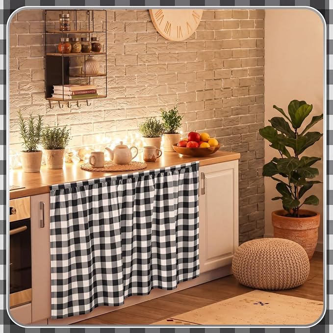Cabinet Curtains 51 x 28 Inch Black and White Sink Skirt for Bathroom Kitchen Home Diamond Stitch Self Stick Adhesive Waterproof Fabric Farmhouse Rustic Drape Under Desk Privacy Drape Laundry Room
