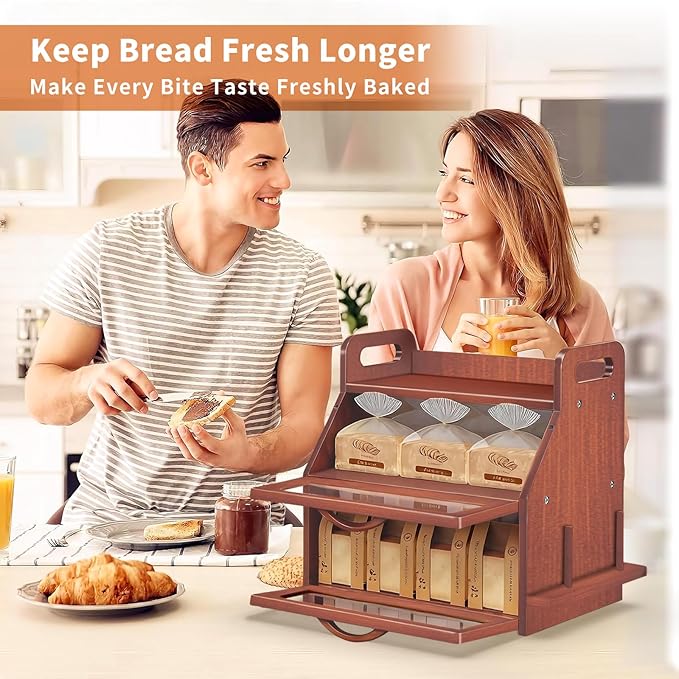 BAMBANG Extra Large Bread Box, Double Layer Bread Box for Homemade Bread, Bamboo Wooden Bread Storage Container with Tool Holder & Handles & Window, Assembly Required(14.9" x 11" x 15.3") Brown