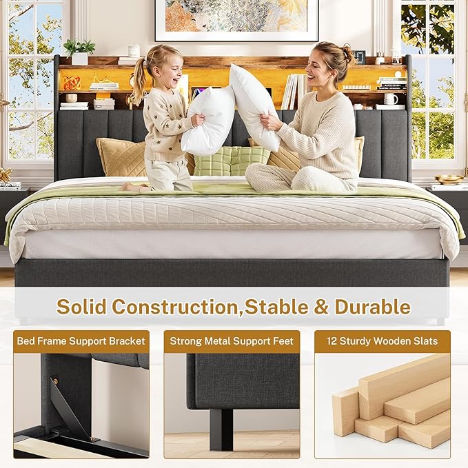 TEENFON King Size Bed Frame with Headboard and 4 Drawers Storage, Bed Frame King Built in LED Lights and Charging Station, Sturdy & Noise-Free Upholstered Platform Metal Bed, Dark Grey