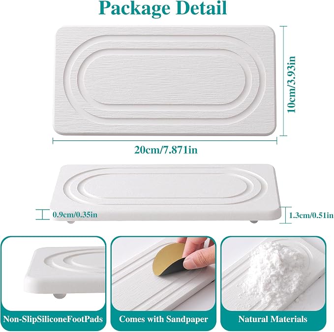 2PCS Water Absorbing Stone Tray for Sink, Quick Drying Diatomite Bathroom Tray Countertop, Stone Drying Mat for Kitchen Counter Faucet, Soap Dish Dispenser Vanity Organizer, White-7.9" x 4"