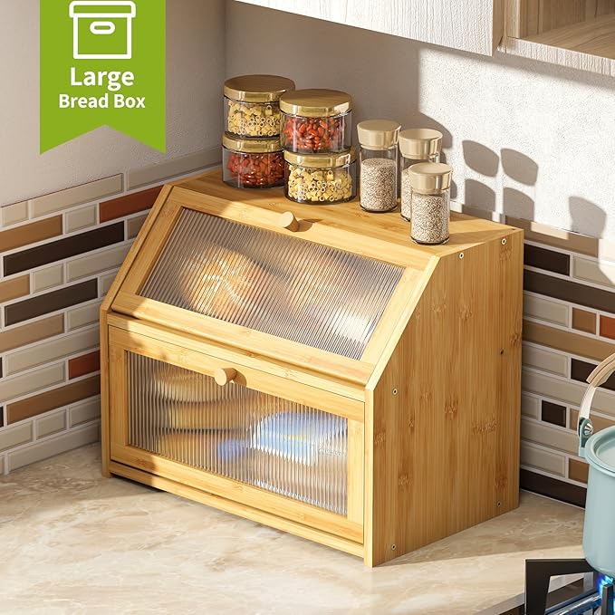 BMOSU Large Bread Box for Kitchen Countertop,Double Layer Bread Box for Kitchen Counter,Bamboo Wood Bread box Capacity Bin Storage(Natural)
