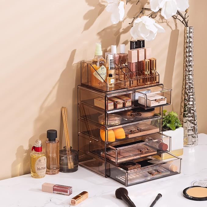 Sorbus Acrylic Makeup Organizer Set, 6-Drawer Vanity & Countertop Cosmetic Storage with Small & Wide Compartments, Bronze Glow Makeup Storage for Brushes, Jewelry – Holiday Gift for Women & Teens