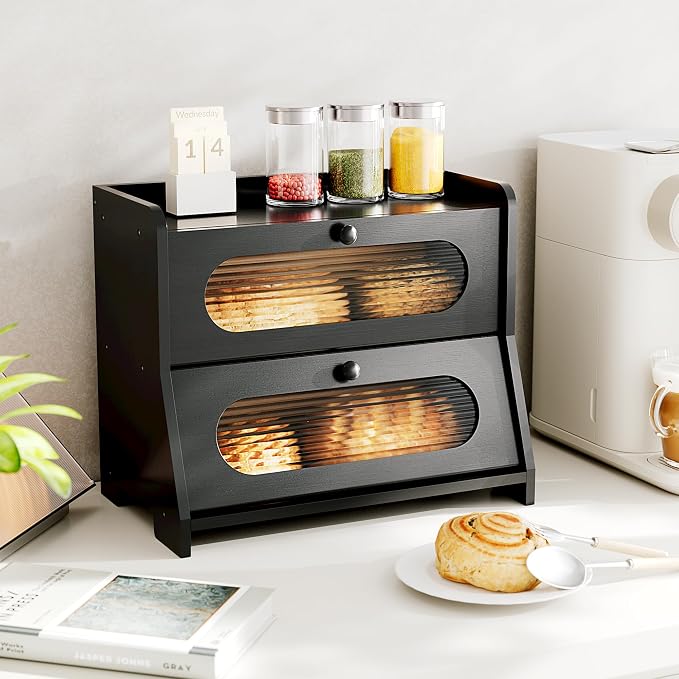 Bread Box,Extra Large 2-Tier Bamboo Bread Box for Kitchen Countertop,Bread Storage Container with Magnetic Acrylic Door for Homemade Bread,Under Cabinet,Pantry Organizer(Black)