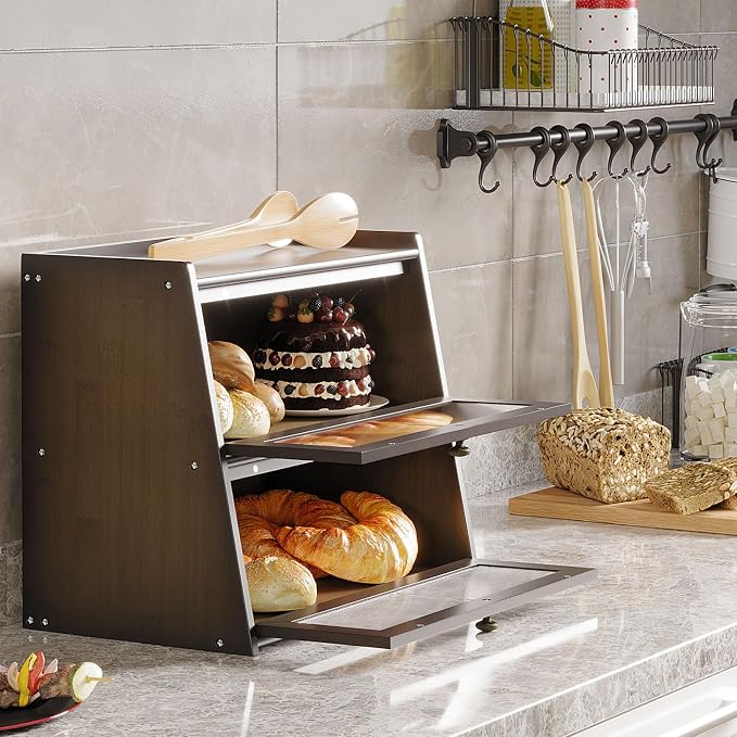Double Layer Large Bamboo Bread Box for Kitchen Counter, Wooden Large Capacity Bread Storage Bin with Window Bread Holder (Brown)