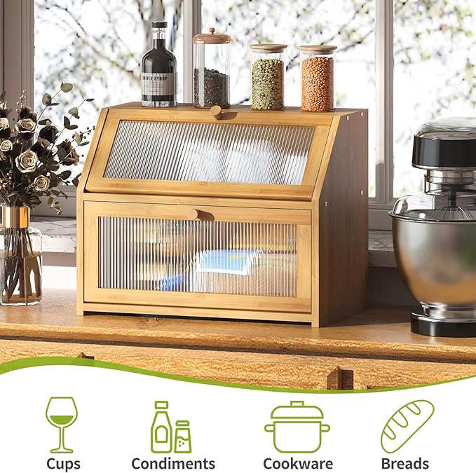 BMOSU Large Bread Box for Kitchen Countertop,Double Layer Bread Box for Kitchen Counter,Bamboo Wood Bread box Capacity Bin Storage(Natural)